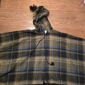 Vintage 70s Wool Hooded Poncho Plaid Fringe Talon Zipper Cape Western Country
